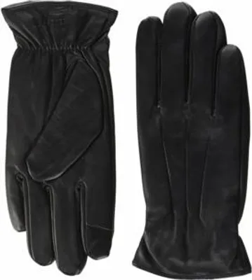 A pair of black leather gloves shown from the back and the front.