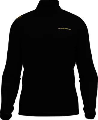 Schwarze Midlayer Jacke mit Stehkragen und gelbem La Sportiva Schriftzug auf der Brust