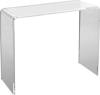A clear acrylic console table is shown against a white background.