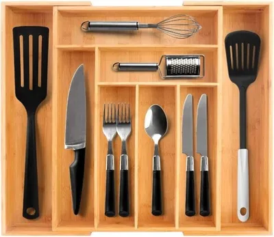 Produktbild von Brunbeste Ausziehbarer Besteckkorb – Besteck-Organizer mit 6 bis 8 Fächern – Bambusholz
