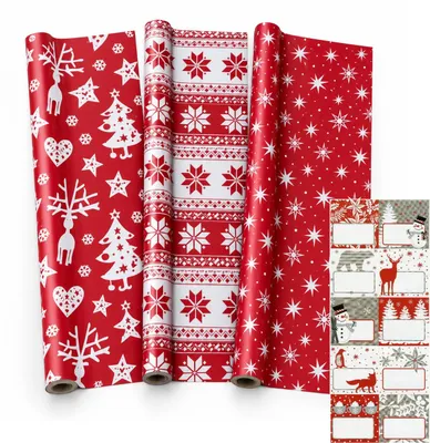 Produktbild von Sortiment aus rotem Luxus-Weihnachtspapier, Geschenkpapier, Geschenkpapier – 200 x 70 cm – 3 Rollen