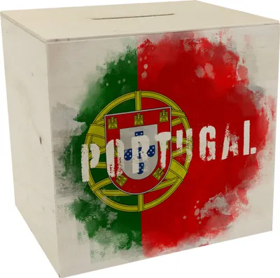 Produktbild von Spardose aus Holz mit Portugal-Flagge im Used Look - Sparschwein für Urlauber