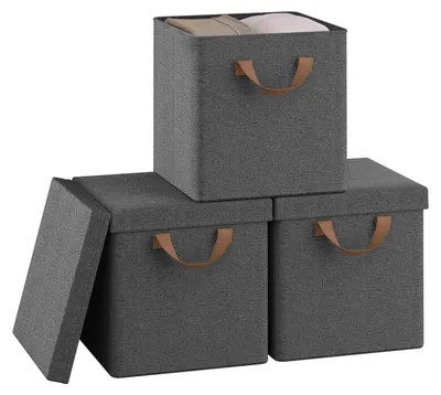 Produktbild von WOLTU Faltbare Aufbewahrungsboxen 3 Stück, Stoffboxen mit Deckel und Metallrahmen, Aufbewahrungswürfel für Wohnzimmer, Schlafzimmer, Arbeitszimmer, Mehrzweck, Grau, 27x27x27cm