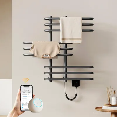Produktbild von EMKE Elektrischer Handtuchheizkörper, APP Steuerung LED Touchscreen mit Timer, Handtuchtrockner 70x66cm 375W Matt Anthrazit