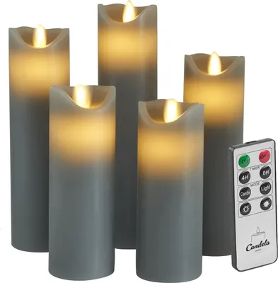 Produktbild von Candela Lights LED Kerzen 5er Set Stumpenkerze Grau Echtwachs mit Fernbedienung Timer Funktion & mehrstufig dimmbar bewegliche Flamme Echtwachskerzen