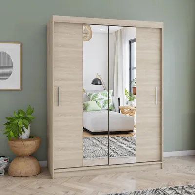 Produktbild von FABRYKA MEBLI IDŹCZAK Kleiderschrank, 150 cm x 200 cm x 61 cm, Schwebetüren, 2 Spiegel, Sonoma Eiche, Vista 01, Modern, 16mm Laminatplatte, Einlegeböden
