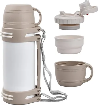 Produktbild von 1,2 l Isolierflasche, große Isolierflasche mit Tassen und Griff, doppelwandiger Edelstahl, auslaufsicher und robust, für Sport, Camping, Outdoor, Wandern (weiß)