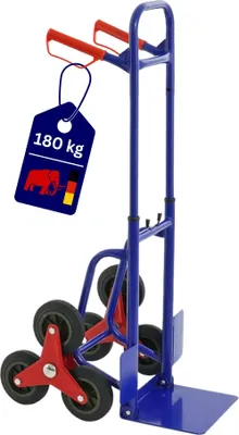 Produktbild von Teleskop-Treppensackkarre mit ergonomischen Sicherheitsgriffen, Standardschaufel & Vollgummibereifung | Traglast 180kg | HxBxT 114x48x62cm | Blau