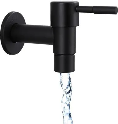 Produktbild von Unyqoos® Edelstahl-Wandarmatur schwarz (Pulverbeschichtet) – Kaltwasser Wandhahn mit Einzelauslauf für Küche, Bad & Garten