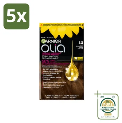 Imagen del producto de 5 unidades de tinte permanente para el cabello Garnier Olia 5.3, color castaño dorado claro, sin amoníaco. Pack ahorro