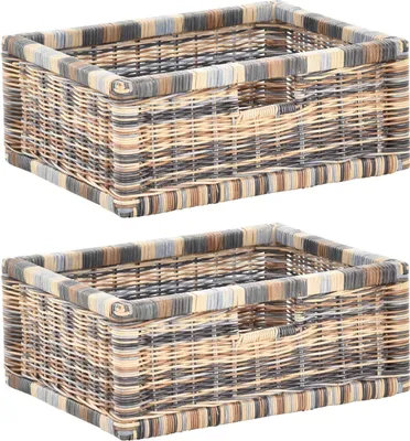 Produktbild von KRINES HOME Stabiles Set / 2 Regalkorb mit Holzrahmen Schubfach aus echtem Rattan / Schübe Box zur Aufbewahrung Regalkorb Schrankkorb Griff (Mehrfarbig, 43x32x17)