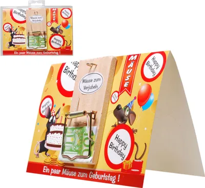 Produktbild von Mausefalle auf Karte Happy Birthday für Geldgeschenke im Klarsichtkarton