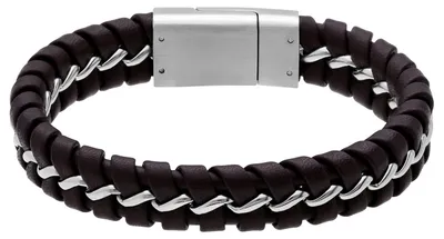 Image de Bracelet pour homme en cuir tressé, en acier inoxydable, longueur 22 cm, couleur argentée