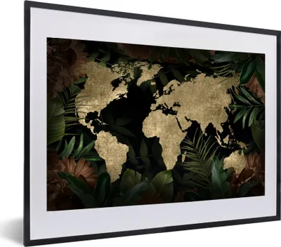 Produktbild von MuchoWow® MuchoWow® Gerahmtes Poster Weltkarte - Vintage - Pflanzen 60x40 cm - Poster mit zchwarzem Bilderrahmen - Schlafzimmer - Plakat in Rahmen - Drucken