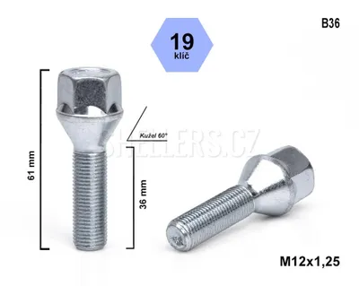 Obrázok produktu pre Skrutka kolesa M12x1,25x36 s kužeľom, kľúč 19, C19B36, výška 61 mm
