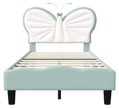 Immagine prodotto di Lettino per bambini - Letto singolo 90x200 cm - Motivo a farfalle con LED - Testiera regolabile in velluto - Legno - Senza materasso - Blu