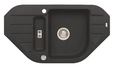 A top-down view of a black granite kitchen sink.