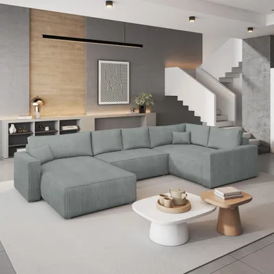 Produktbild von Masseno Ecksofa VELAMI R-S mit Schlaffunktion U-Form, Sofa mit Bettkasten, Wohnzimmersofa, Couch, Soffa, Bettsofa, Couchgarnitur- Hellgrau, POSO 55
