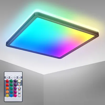 Image de Plafonnier LED ultra-plat 29x29cm carré 15W 1850lm 4000K + RGB avec rétroéclairage – Éclairage moderne design pour salon, chambre, Salle de jeux, bureau, couloir, entfant