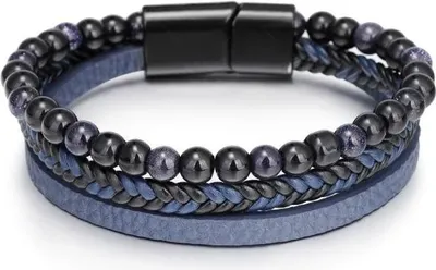 Immagine prodotto di Bracciale in pelle a più strati con perline, nero e blu, 21 cm