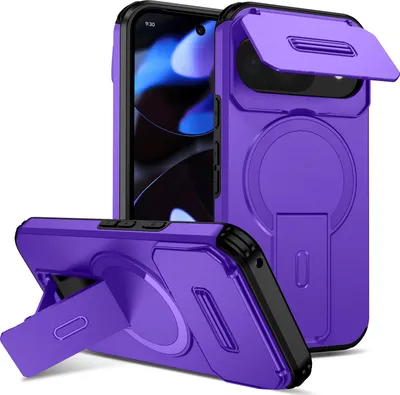 Produktbild von Magnetisch Hülle für Google Pixel 9/Pixel 9 Pro/Pixel 10/Pixel 10 Pro, Dual Layer Stoßfest Handyhülle mit Dia Kameraschutz, Verstellbarem Ständer Lila