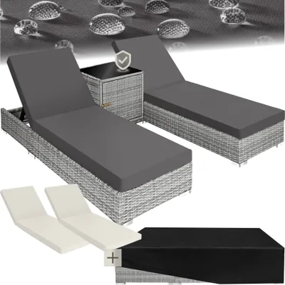 A set of rattan sun loungers with cushions, a side table, and a protective cover, presented in a collage format with a background suggesting water resistance.