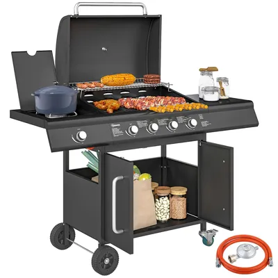 Zdjęcie produktu dla Grill gazowy Outsunny 15,2 KW wózek grillowy z 5 palnikami ze stali nierdzewnej kuchenka boczna rolkowa