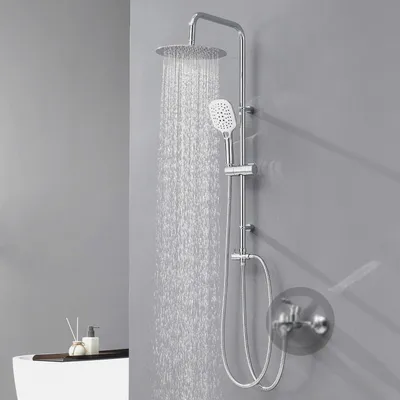 Produktbild von Regendusche Duschsystem Ohne Armatur, Regenbrause aus Edelstahl, Duschset mit 25cm runder Kopfbrause,ABS Handbrause mit 3 Strahlarten, Schlauch, Verstellbarer Montageabstand 35-54cm, Chrom