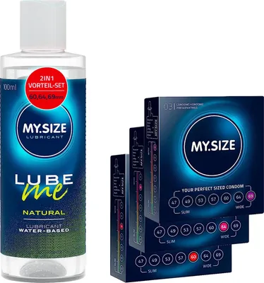 Produktbild von MY.SIZE Kondom + Gleitgel Set mit 100 ml Lube Me Natural & 3x3 Kondome 60, 64, 69 mm | Wasserbasiertes Gleitmittel | Lubricant Gel Für Toys & Latexkondome geeignet