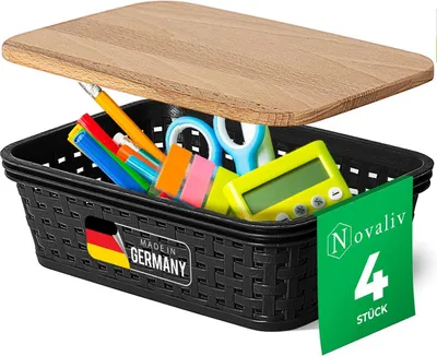 Produktbild von Novaliv 4er Set Elegante Aufbewahrungskörbe mit Holzdeckel Rattan-Optik | Schwarz Lebensmittelecht Kunststoff 1L – für Büro und Zuhause. Vielseitige Kisten zur Aufbewahrung. Ideale Aufbewahrungsbox