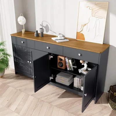 Produktbild von STILVORA Sideboard Buffetschrank mit Holzmaserung, vier Türen, drei Schubladen, Landhausstil, für Wohnzimmer oder Esszimmer. Holzfarbe und Grauschwarz