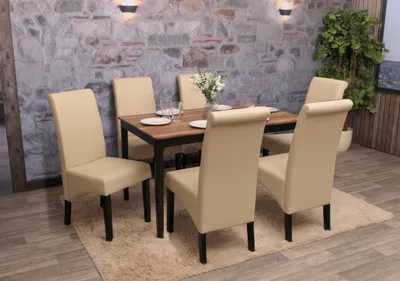 Image de lot de 6 chaises de salle à manger Chaise de cuisine Chaise M37 ~ cuir, crème, pieds foncés