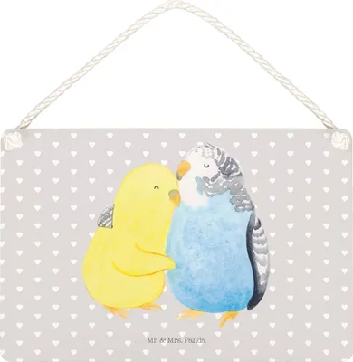 Produktbild von Mr. & Mrs. Panda Schild Wellensittich Liebe DIN A4 - Grau Pastell - Geschenk, Kuscheln, kleine aufmerksamkeit, Umarmung, Türschild, Verknallt, wandtafel, Freundin