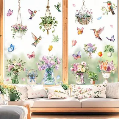 Produktbild von Selbstklebende Raumschmuckfolie für Frühling Sommer, Frühling Sommer Dekoration für Fenster, Fenstertapezien Frühling Sommer, Blumen Vogel Vlieser für Fenster, Fenstertapezien für Frühling, Frühlingsdeko für Fenster