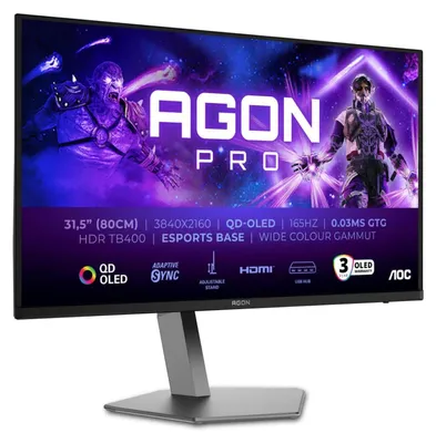 Produktbild von AOC AGON PRO AG326UD - OLED-Monitor - Gaming - 81.3 cm (32") (31.5" sichtbar) - 3840 x 2160 4K UHD (2160p) @ 165 Hz - 250 cd/m² - 15000000:1 - DisplayHDR 400 True Black - 0.03 ms - 2xHDMI, DisplayPort - Lautsprecher - Dunkelgrau