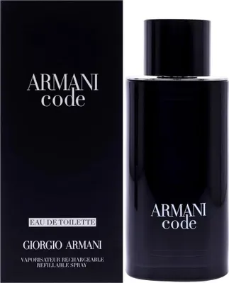A black box and a black bottle of Giorgio Armani Code Eau de Toilette.