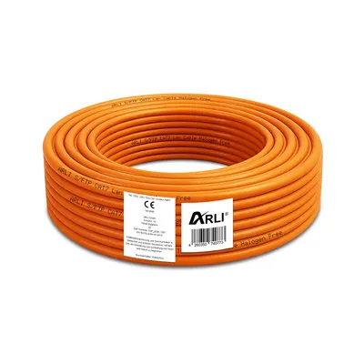 A coiled orange network cable on a white background.
