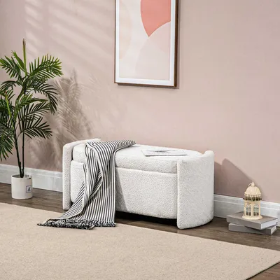 Produktbild von SUGIFT Sitzbank mit Stauraum, Polsterbank Flurbank Schuhbank, gepolstert mit Klappdeckel, Cremeweiß | 105 x 44 x 45,5 cm | bis 150 kg | Eukalyptusholz