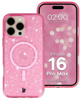 Produktbild von Glitzer Hülle mit Magnetring für iPhone 16 Pro Max, Bizon Case SparklO, Transparent-Rosa mit Glitzer