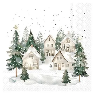 Produktbild von 20 Servietten Snowy Houses - Weiße Winterhäuser im Wald 33x33cm
