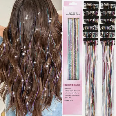 Produktbild von 12 Stück Hair Tinsel Extensions Clip In, Glitzer Haarsträhnen 50 cm Fairy Hair Zubehör für Mädchen & Party