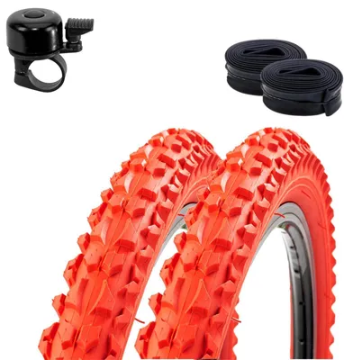 Zdjęcie produktu dla 2 opony rowerowe Roverstone, rozmiar 26 x 2,125 (57-559), kolor czerwony + 2 dętki z zaworem AV, w zestawie dzwonek rowerowy
