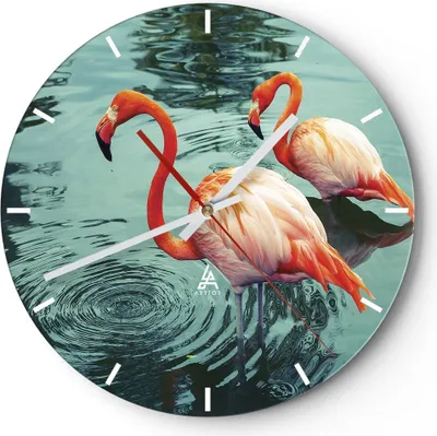 Produktbild von Wanduhr - Rund - Glasuhr - Rosa Flamingos Wasser - 40x40cm - Schleichendes Uhrwerk - Lautlos - zum Aufhängen bereit - Dekoration Modern - Wanddekoration aus Glas - C3AR40x40-4203