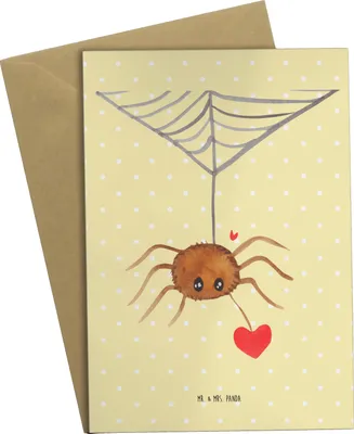 Produktbild von Mr. & Mrs. Panda jubiläumskarte Spinne Agathe Liebe - Gelb Pastell - Geschenk, weihnachtskarten, Liebesgeschenk, hochzeitskarten, Grußkarten, Grußkarte, Liebesbeweis