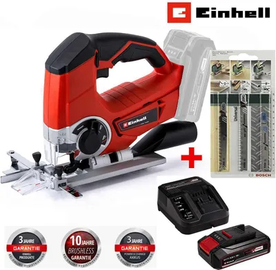 A collage of a cordless jigsaw, its accessories, and warranty badges.
