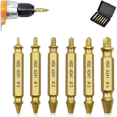 A set of screw extractors and a drill bit are laid out on a white background.
