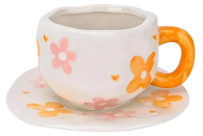 Obrázek produktu pro Keramická kávová šálka se podšálkem, oranžové květiny, nepravidelný design, objem 300 ml