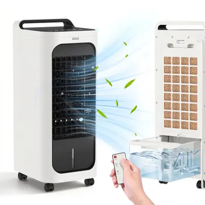 Image de UISEBRT Climatiseur mobile blanc, 3 modes de refroidissement, refroidisseur par évaporation avec télécommande et minuterie, réservoir d'eau de 4 L, roulettes à 360°, sans tuyau d'évacuation d'air, avec bacs à cristaux de glace, pour la maison et le bureau