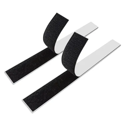 Two black strips of hook-and-loop fasteners with adhesive backing are shown against a white background.