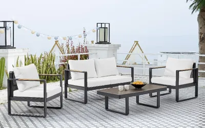 Produktbild von 12tlg. Gartenmöbel Lounge-Set aus Aluminium - Schwarz mit Teakholz